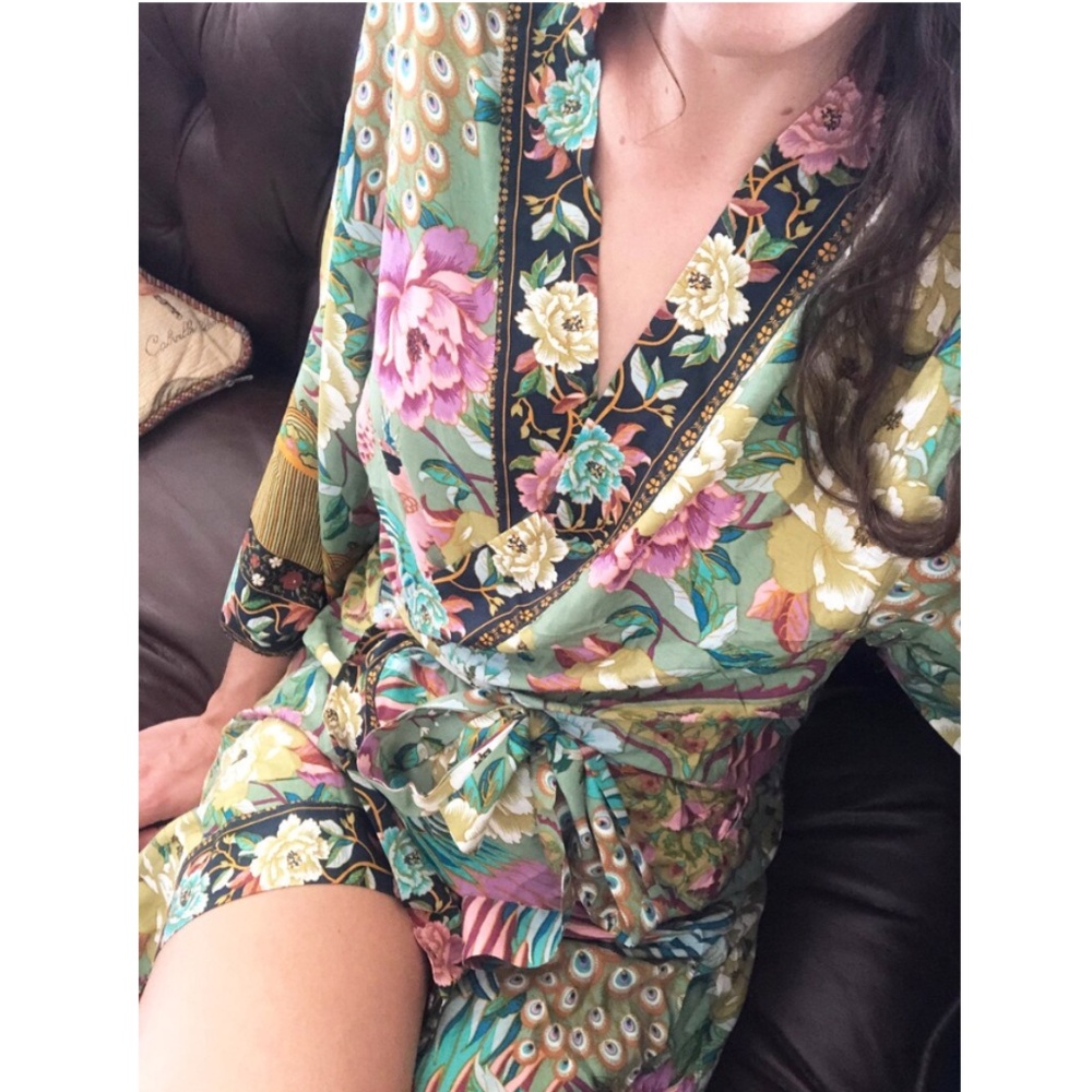 Boho Green floral print belt long boho kimono Cover up - Picture 6 of 11